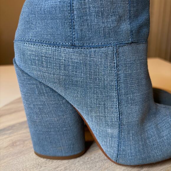 10 Crosby by Derek Lam Blue Denim Patchwork Ankle Bootie Block Heel Boots Sz 8 - Picture 6 of 12